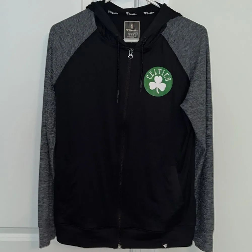 Boston Celtics Thin Zipper Hoodie Hooded Spellout Sweatshirt Gray Black Jacket M